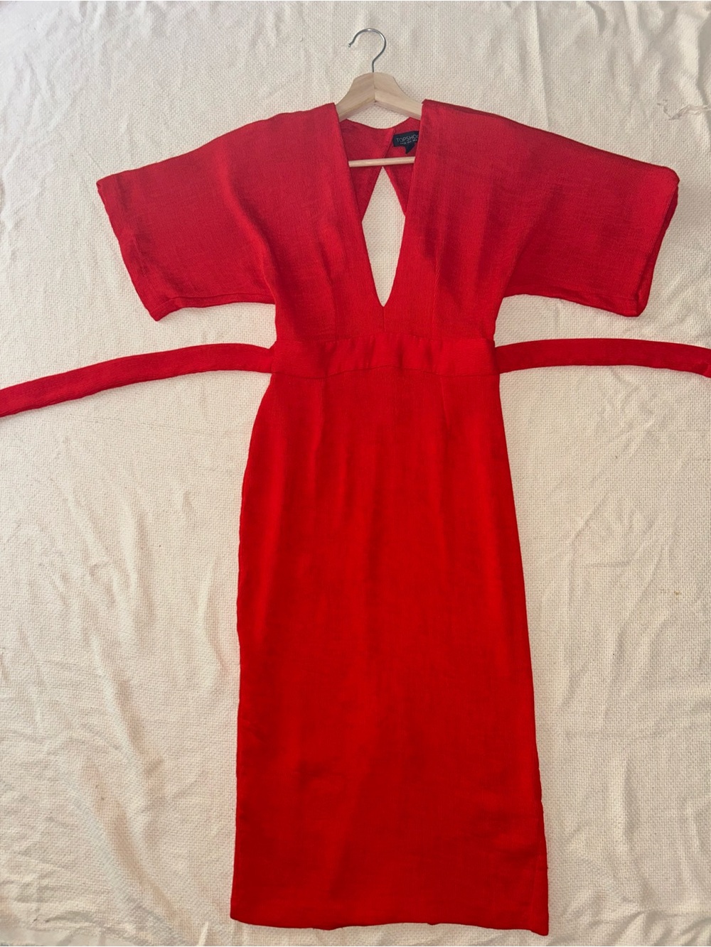 Topshop Vibrant Red V-Neck Midi Dress with Waist Tie
